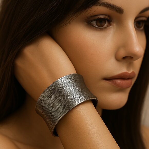 Elegant Silver-Tone Textured Cuff Bracelet – Women's Fashion Statement Jewelry - Picture 1 of 8